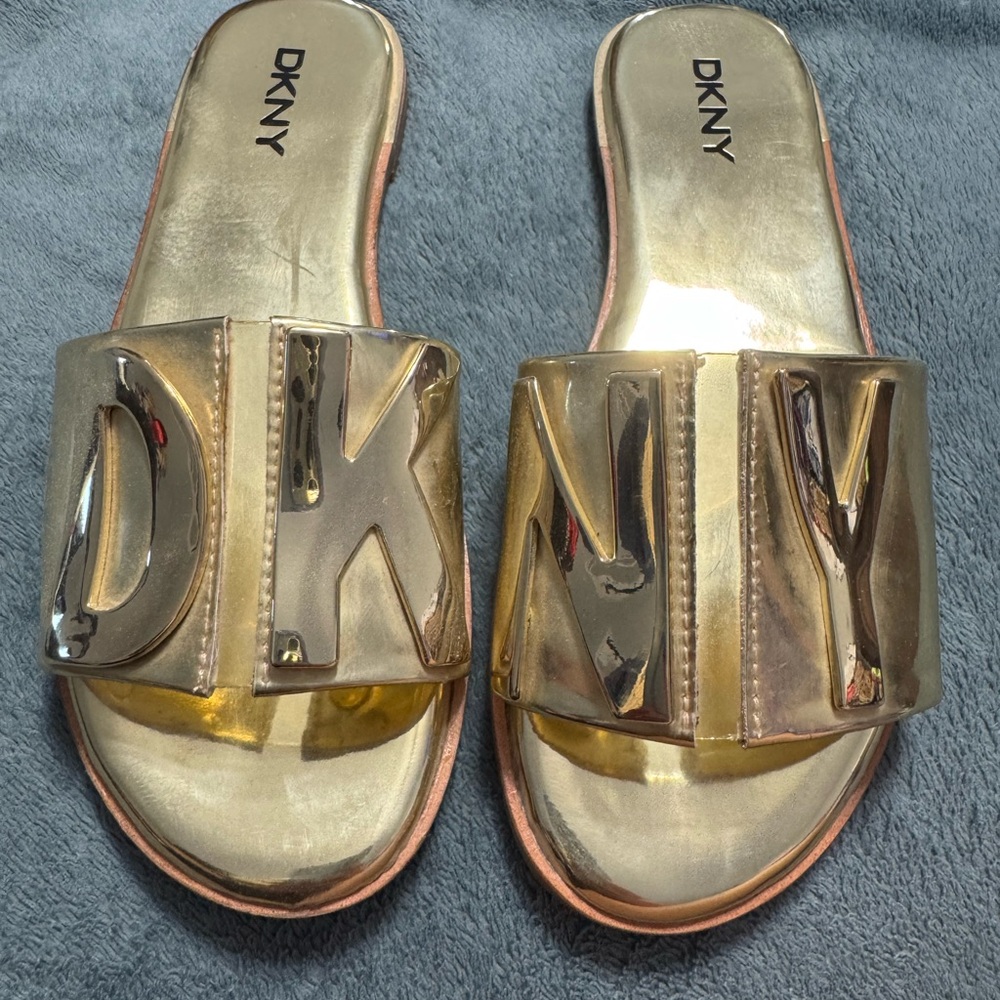 DKNY Metallic Gold Slide Sandals New